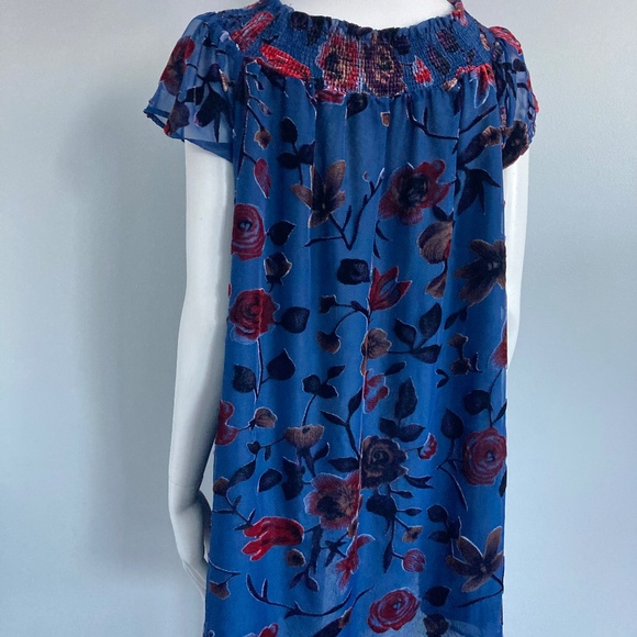 Flocked Chiffon Dress by En Creme, Navy Chiffon Smocked Dress - Picture 2 of 10